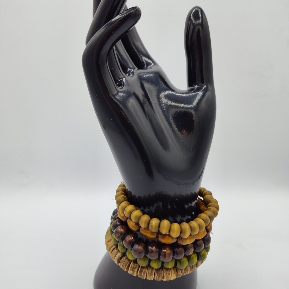 Hamsa Beaded 5-piece Bracelet Set with Turquoise & Silver Feather Dangle Detail - Picture 3 of 4